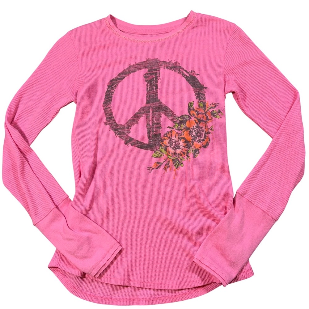Y2K Henley Arizona Pink Thermal Waffle Knit Peace Sign Floral Top Thumbholes M